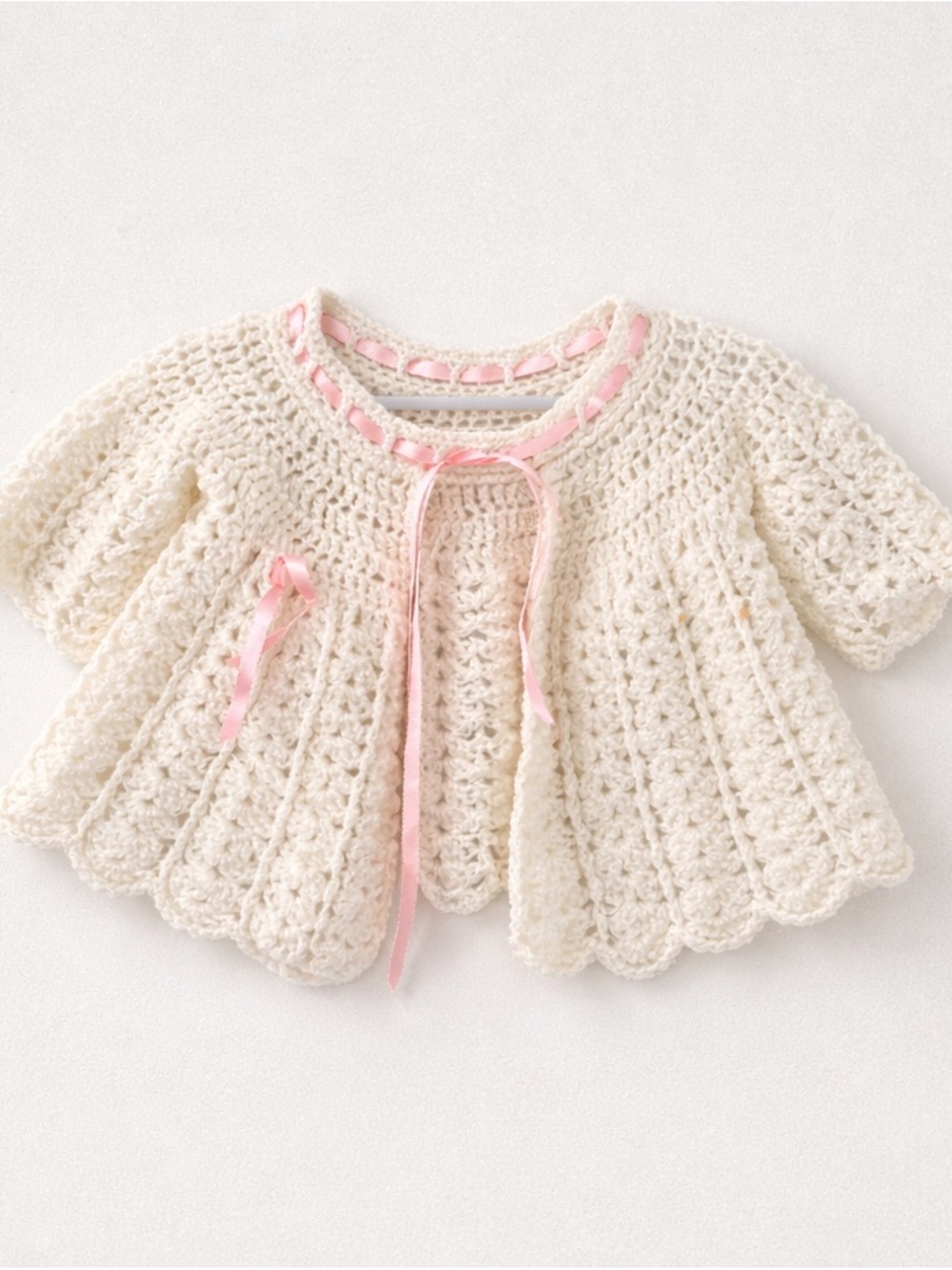 Handmade White Crochet Baby Cardigan with Pink Ribbon 0-6 Months